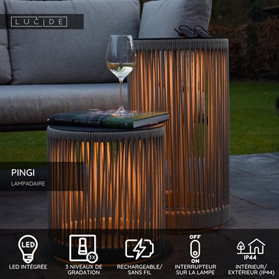 Lucide PINGI - Lampadaire Rechargeable Intérieur/Extérieur - Batterie/Piles - Ø 33,5 cm - LED 3 StepDim - 1x3W 3000K - IP44 - Taupe